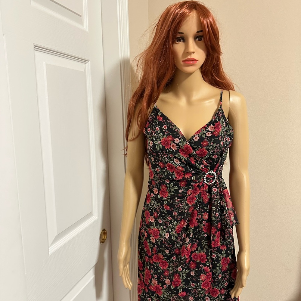 Floral Black and Red Wrap Dress